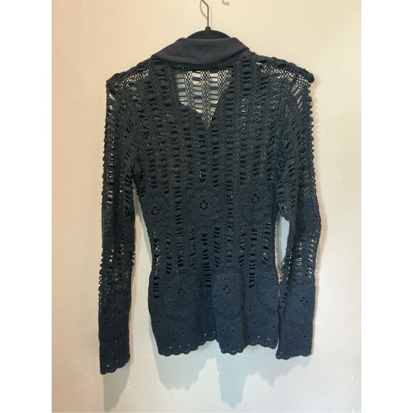 ANNE FONTAINE Black Lace Blouse Long Sleeve Collared Top Designer - Picture 8 of 8